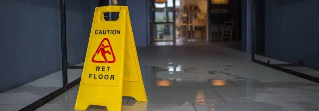 Wet floor sign placed in work hallway