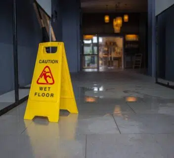 Wet floor sign placed in work hallway