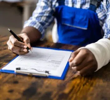 A worker with a cast on their arm filling out workers’ comp papers.